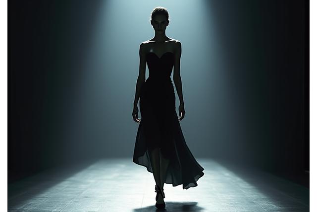 Mannequin marchant sur un défilé de mode, capturée dans une pose dynamique et élégante, mettant en valeur un vêtement de haute couture.