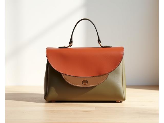 Photographie d'un sac à main minimaliste en cuir végétal, couleur terre cuite avec des détails métalliques subtils, pour la marque Luna Atelier.
