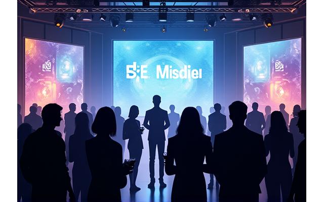 Scène dynamique d'un lancement de produit high-tech, avec des invités interagissant autour de présentoirs lumineux et un orateur sur scène. Ambiance moderne et excitante.