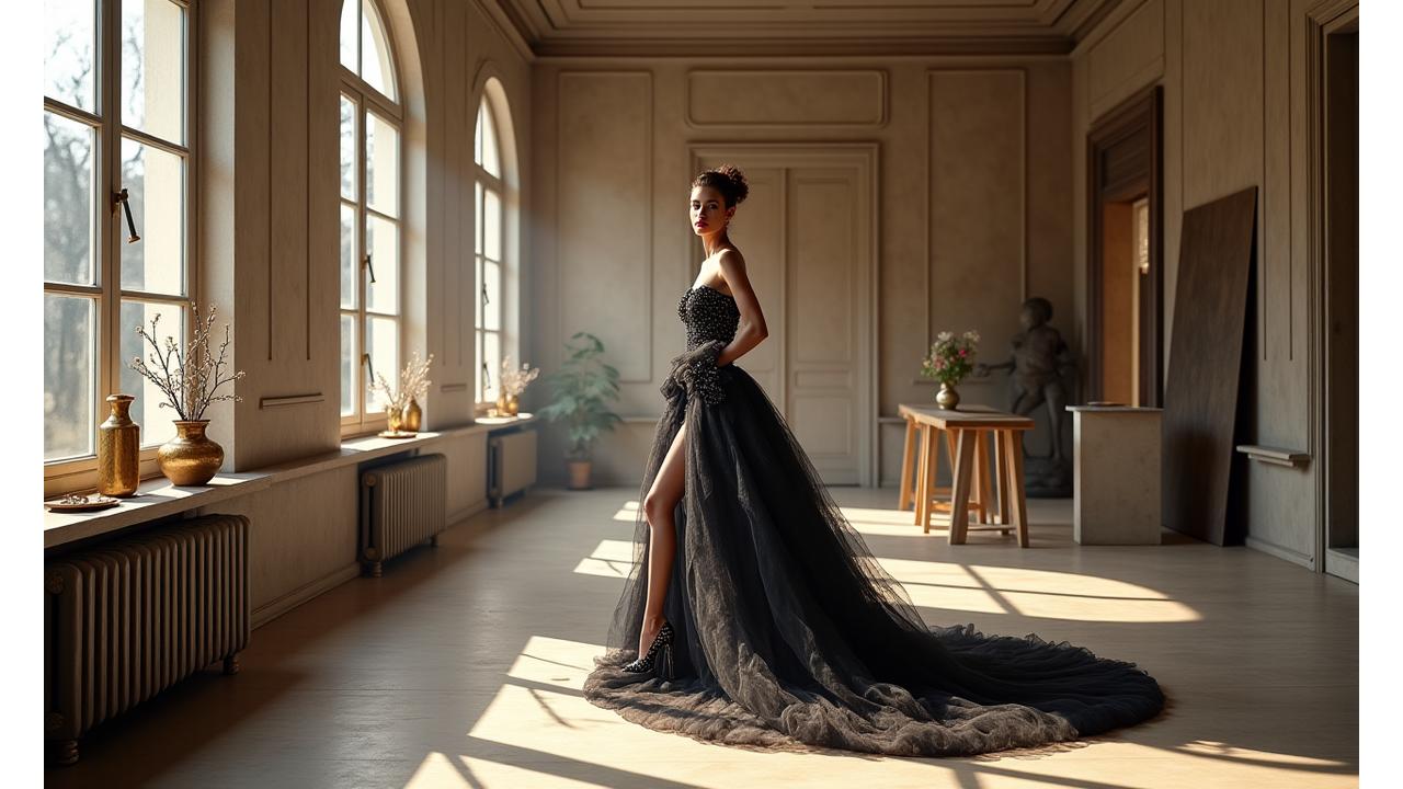 Collection de photographies éditoriales haute couture, présentant des modèles dans des poses dynamiques et des décors sophistiqués, pour des magazines de mode prestigieux.