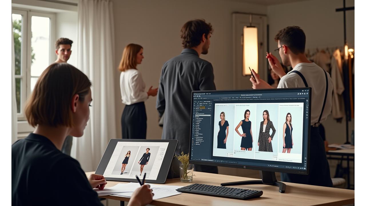 Processus de création d'un lookbook, avec des images de stylisation, de casting, de shooting en studio, et la post-production des photos de mode sur un écran.