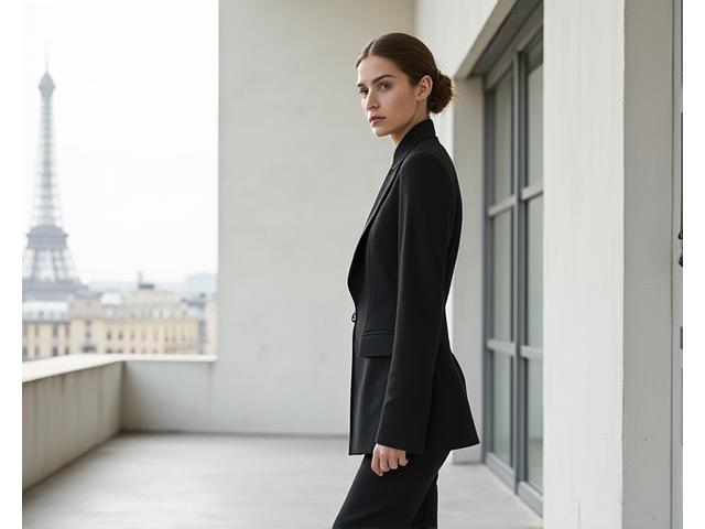 Modèle en tenue minimaliste, posant devant une façade architecturale épurée avec des lignes claires et une lumière contrôlée.