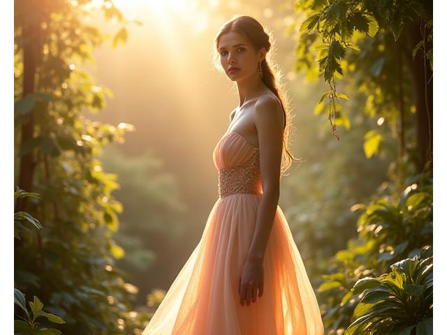 Modèle élégante dans une robe vaporeuse de couleur pastel, posant dans un jardin fleuri avec une lumière douce et éthérée.