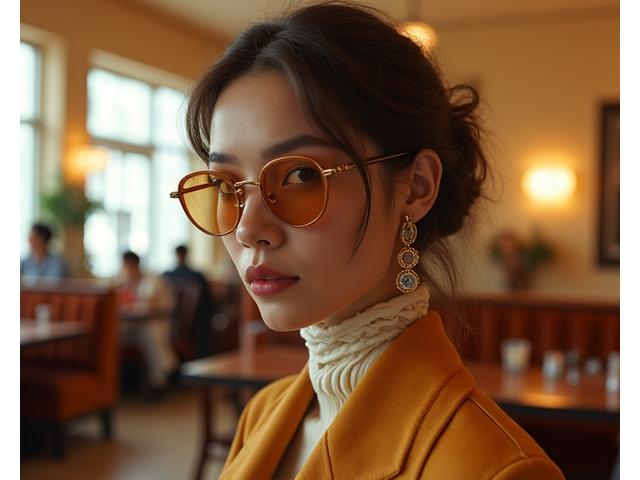 Modèle dans un style rétro-futuriste, des vêtements d'inspiration vintage avec des touches modernes et des couleurs pop.