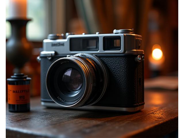 Appareil photo argentique vintage posé sur un trépied, avec une lumière douce, suggérant le grain et l'esthétique du film.