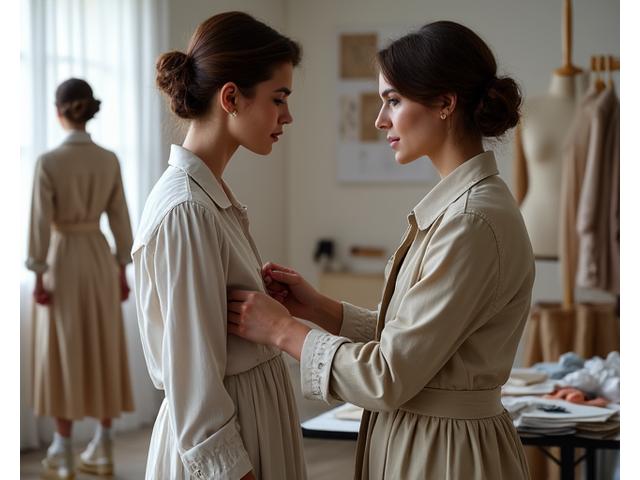 Styliste de mode ajustant une tenue vintage sur une mannequin, dans un atelier, entourée de croquis et de tissus.