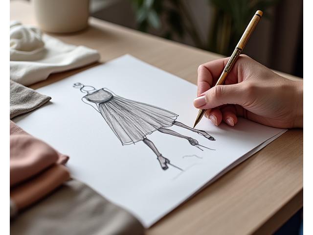Gros plan sur un designer travaillant sur des croquis de mode avec des échantillons de tissus